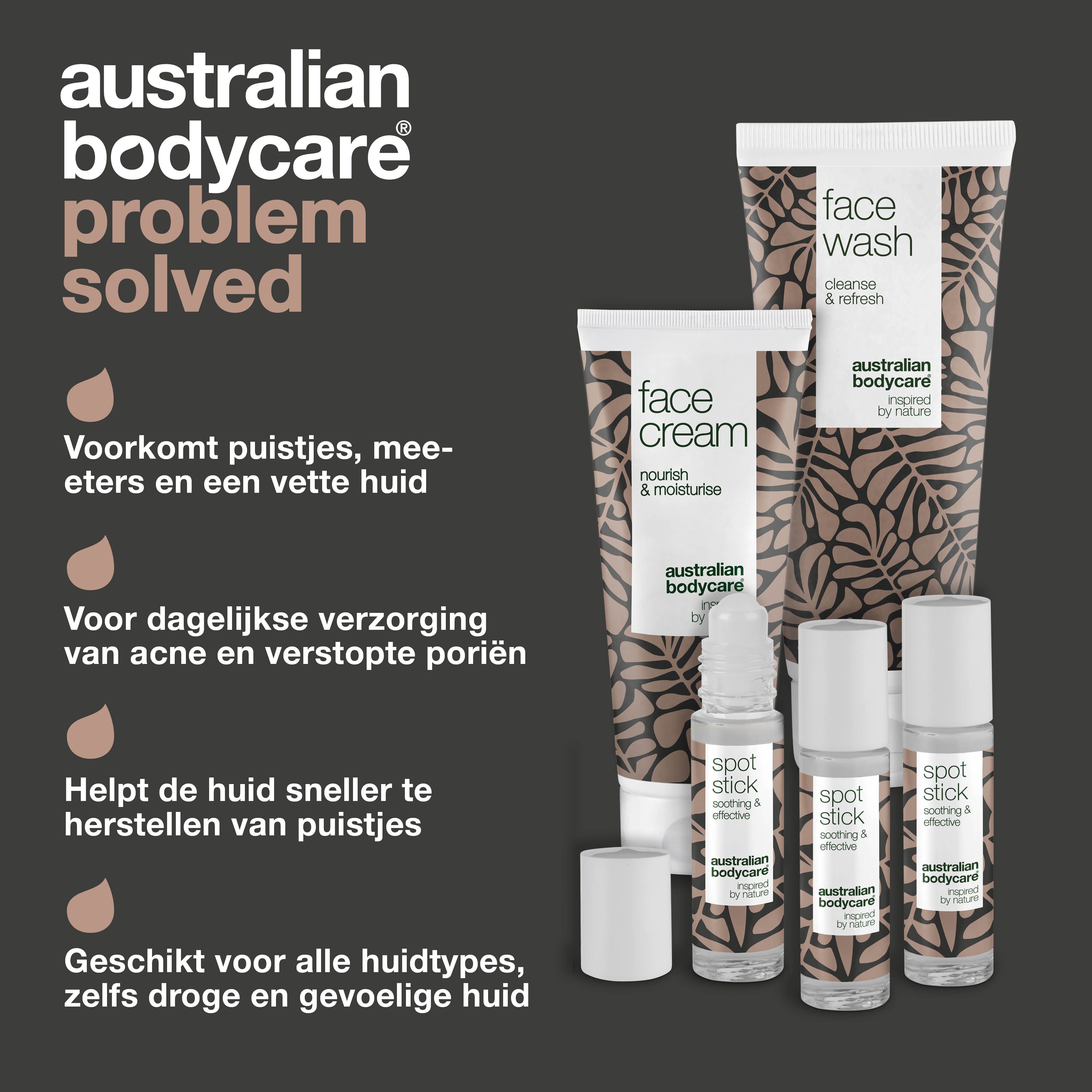 Producten: Face Wash, Face Cream, Spot Stick. Tekst: Probleem opgelost. Informatie over de producten.