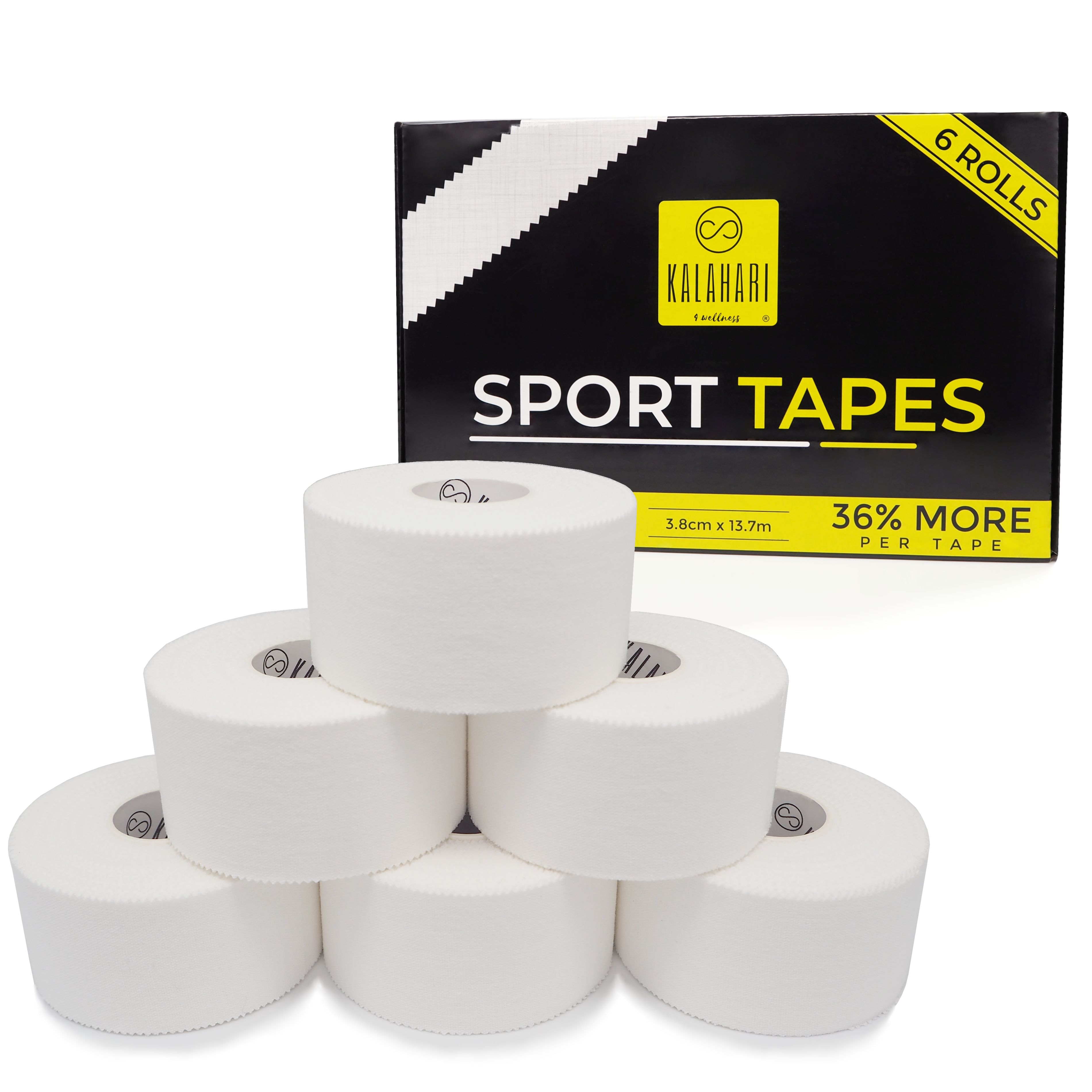 Six rouleaux de ruban de sport blanc dans une boîte noire avec logo jaune.