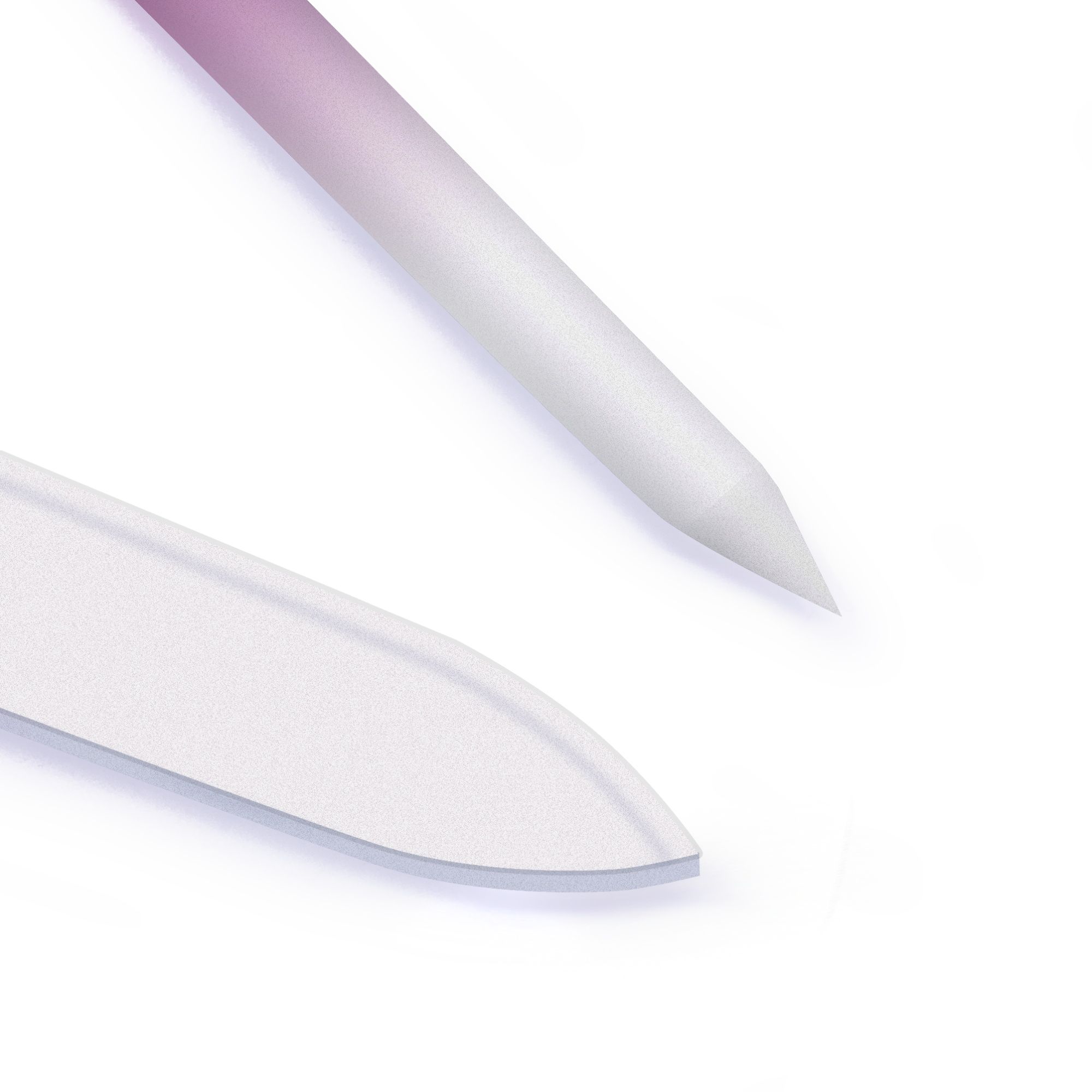 Gros plan de deux limes à ongles en verre. Une pointue, l'autre arrondie. Dégradé de transparent à rose.