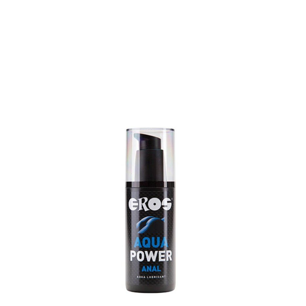 Lubrifiant anal Eros Aqua Power dans un flacon pompe noir avec capuchon transparent.