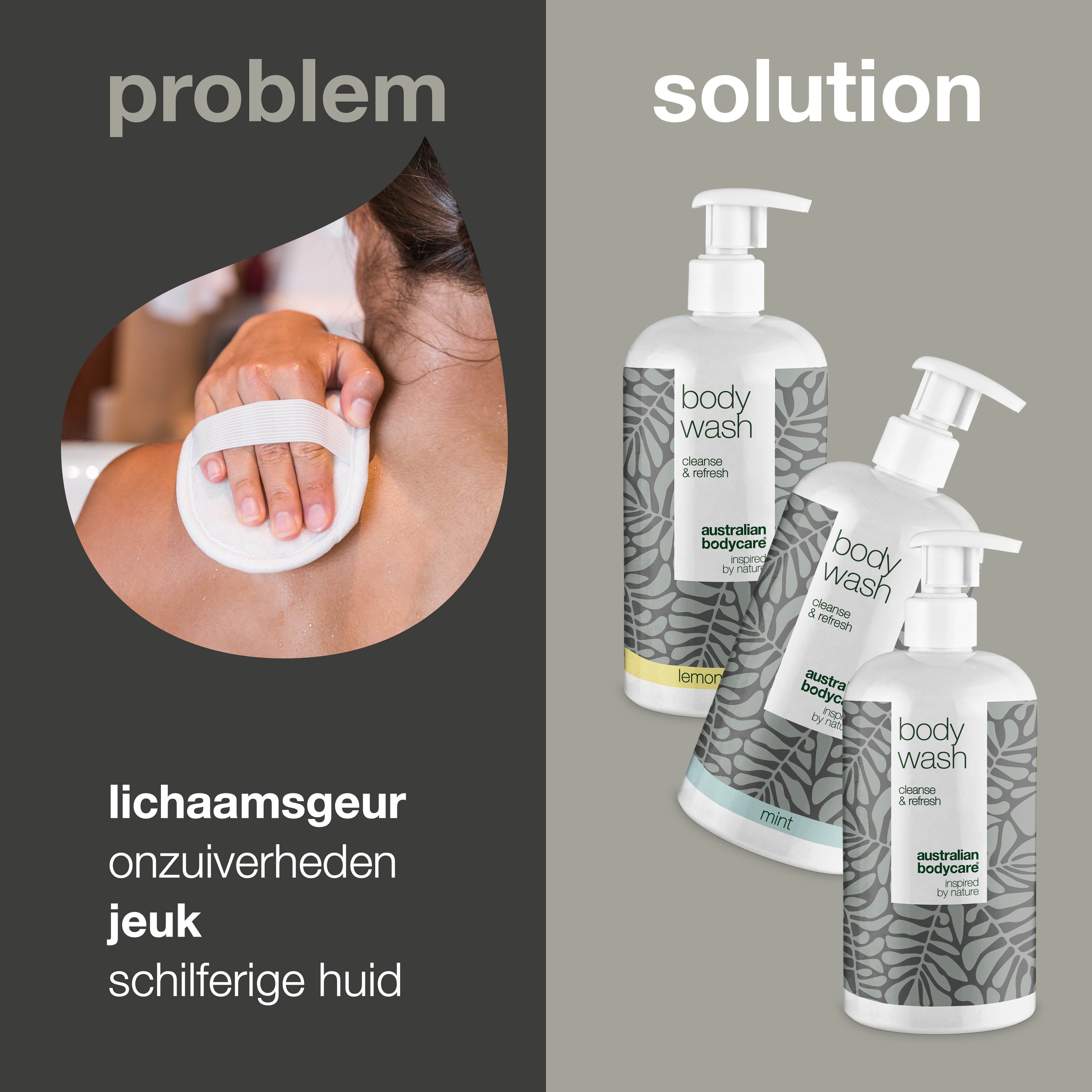 Een persoon reinigt de rug met een spons. Daarnaast drie flessen body wash. Tekst: lichaamsgeur, onzuiverheden, jeuk.