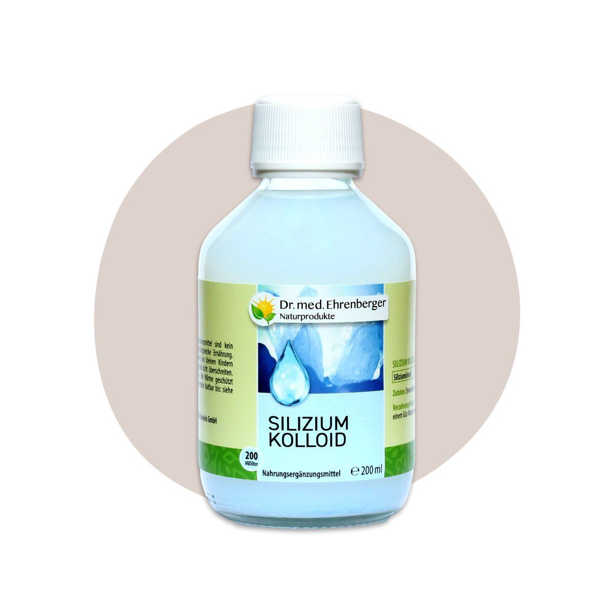 Glazen fles met witte dop. Etiket met productnaam en logo. Voedingssupplement.