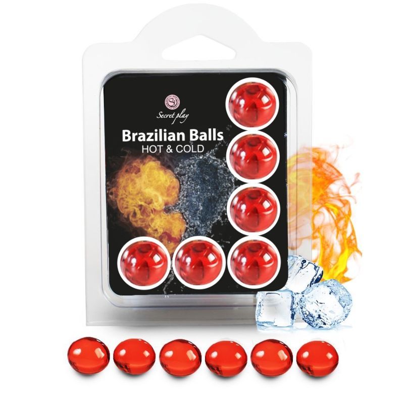 Emballage de six billes rouges, inscription 'Brazilian Balls HOT & COLD'.