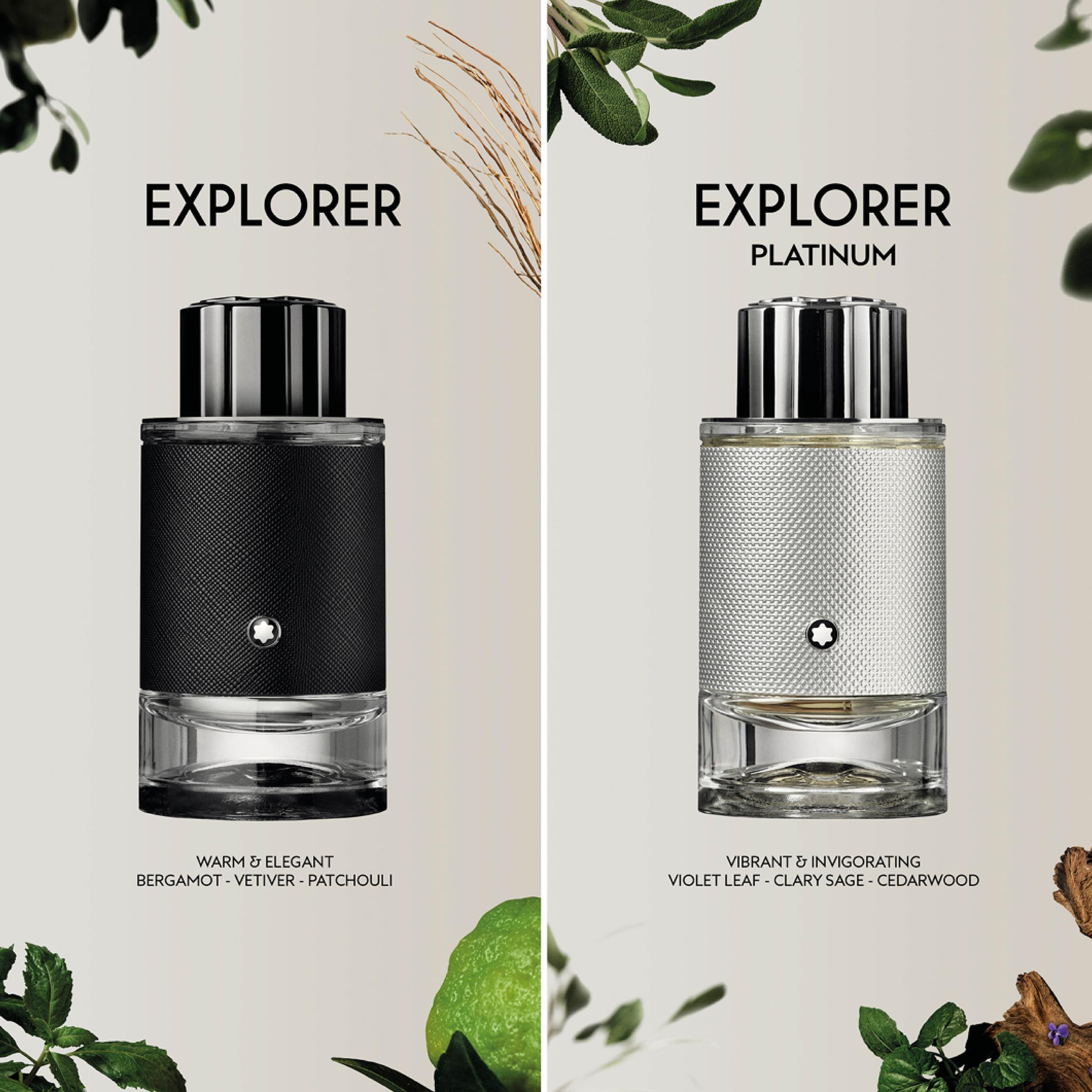 Twee Montblanc Explorer flacons. Links: zwart, rechts: zilver. Opschrift: EXPLORER, EXPLORER PLATINUM. Ingrediënten.