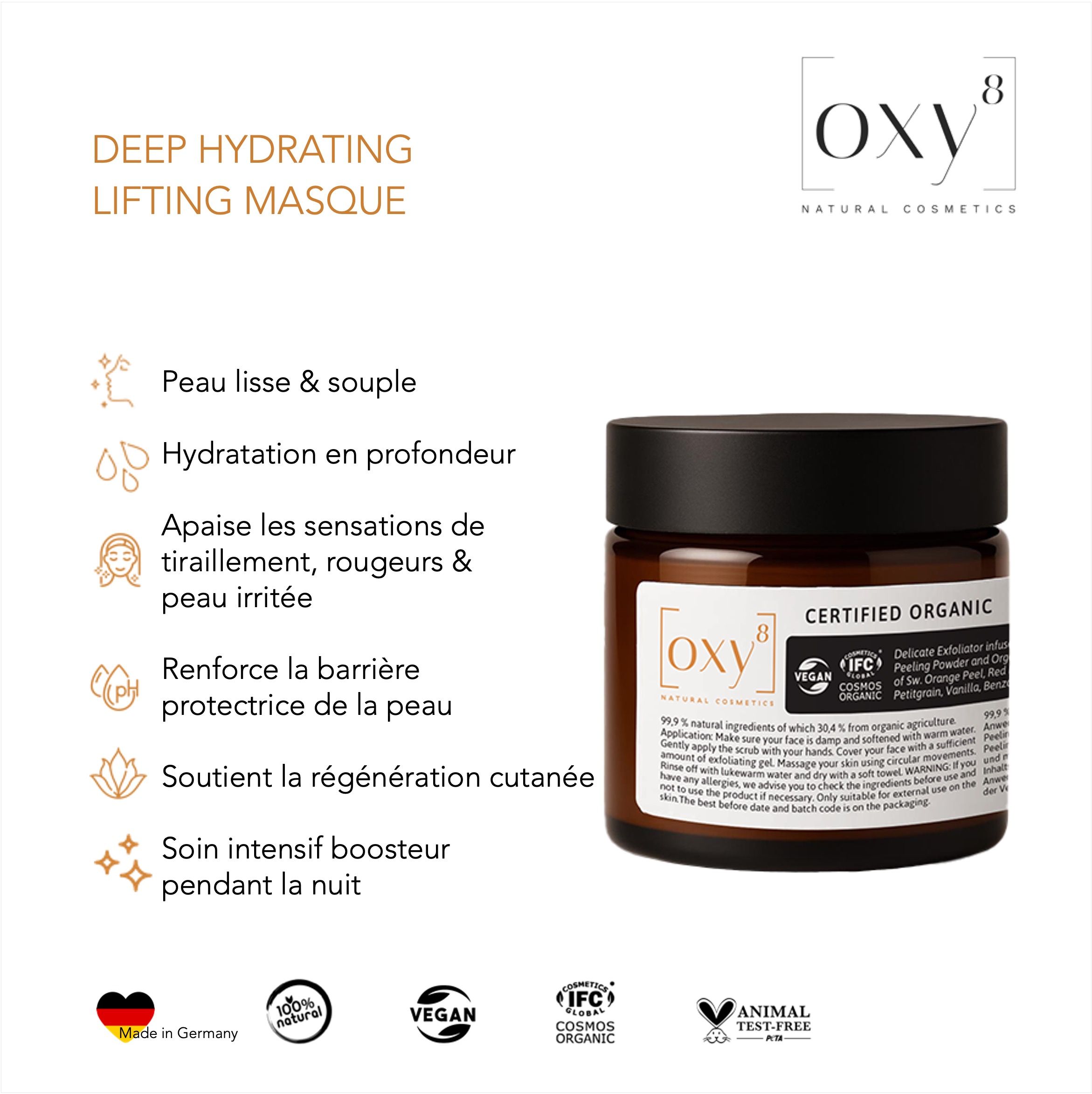Pot brun, couvercle noir. Inscription: oxy8, DEEP HYDRATING LIFTING MASQUE. Label bio certifié. Texte avec les avantages du produit.