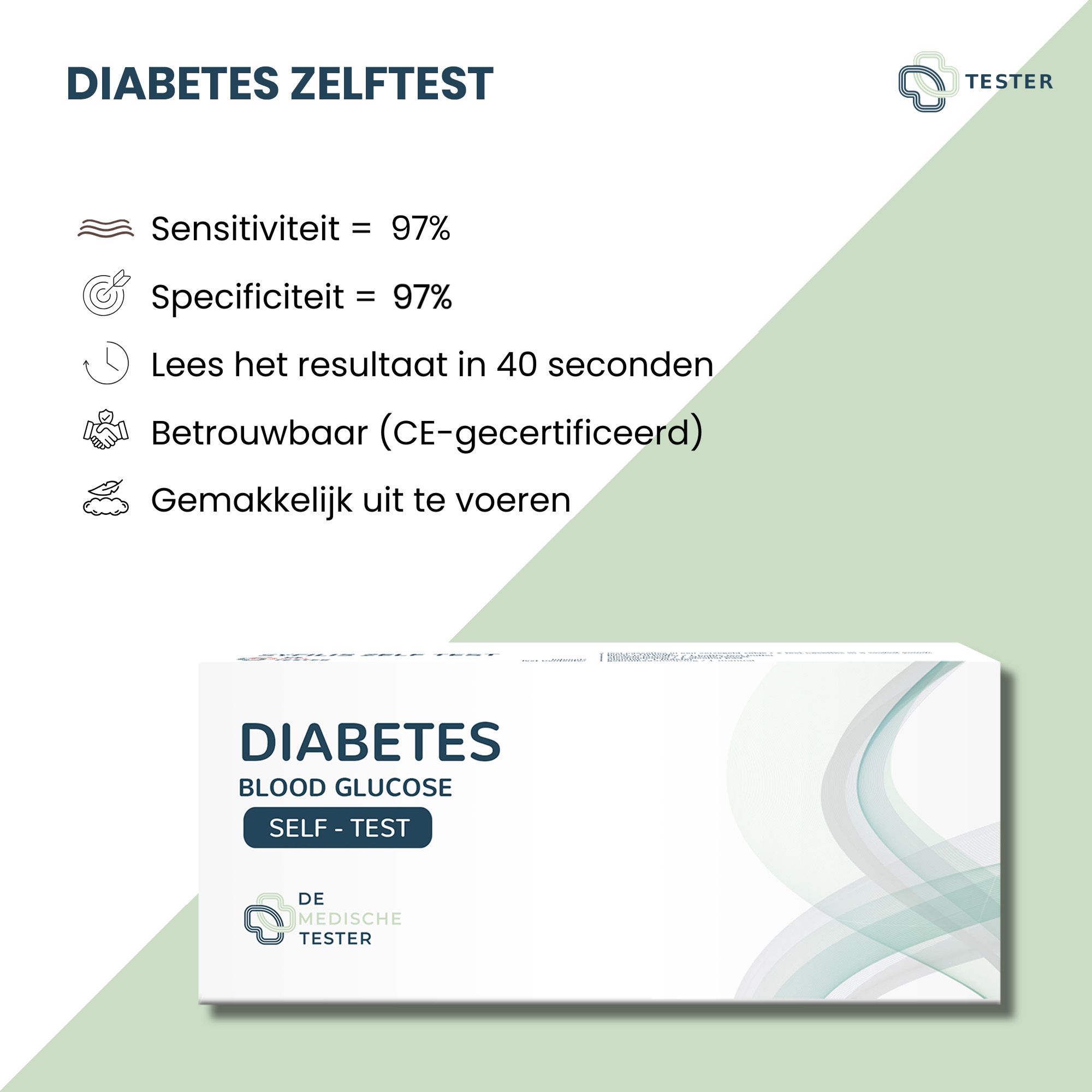 Emballage de test d'auto-dépistage du diabète. Inscription : DIABETES BLOOD GLUCOSE SELF-TEST. Informations : Sensibilité 97%, Spécificité 97%, certifié CE.