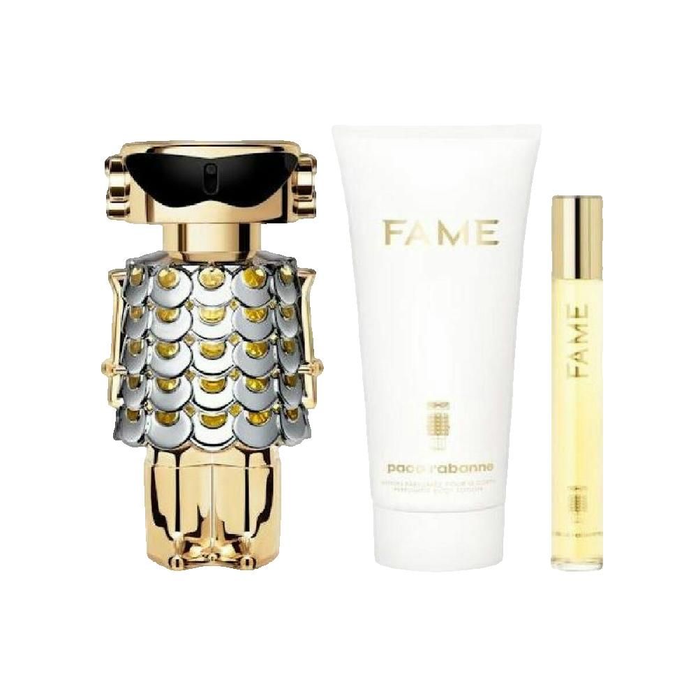 Gouden fles met zilveren elementen, witte tube en klein flesje. Opschriften "FAME" en "paco rabanne".