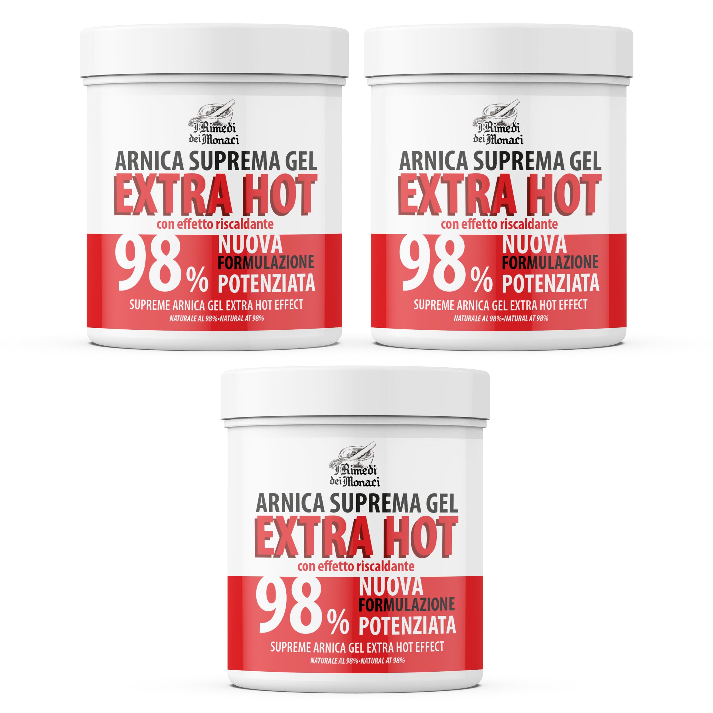 Drie witte potten met rode tekst. Opschrift: Arnica Suprema Gel Extra Hot, 98%.