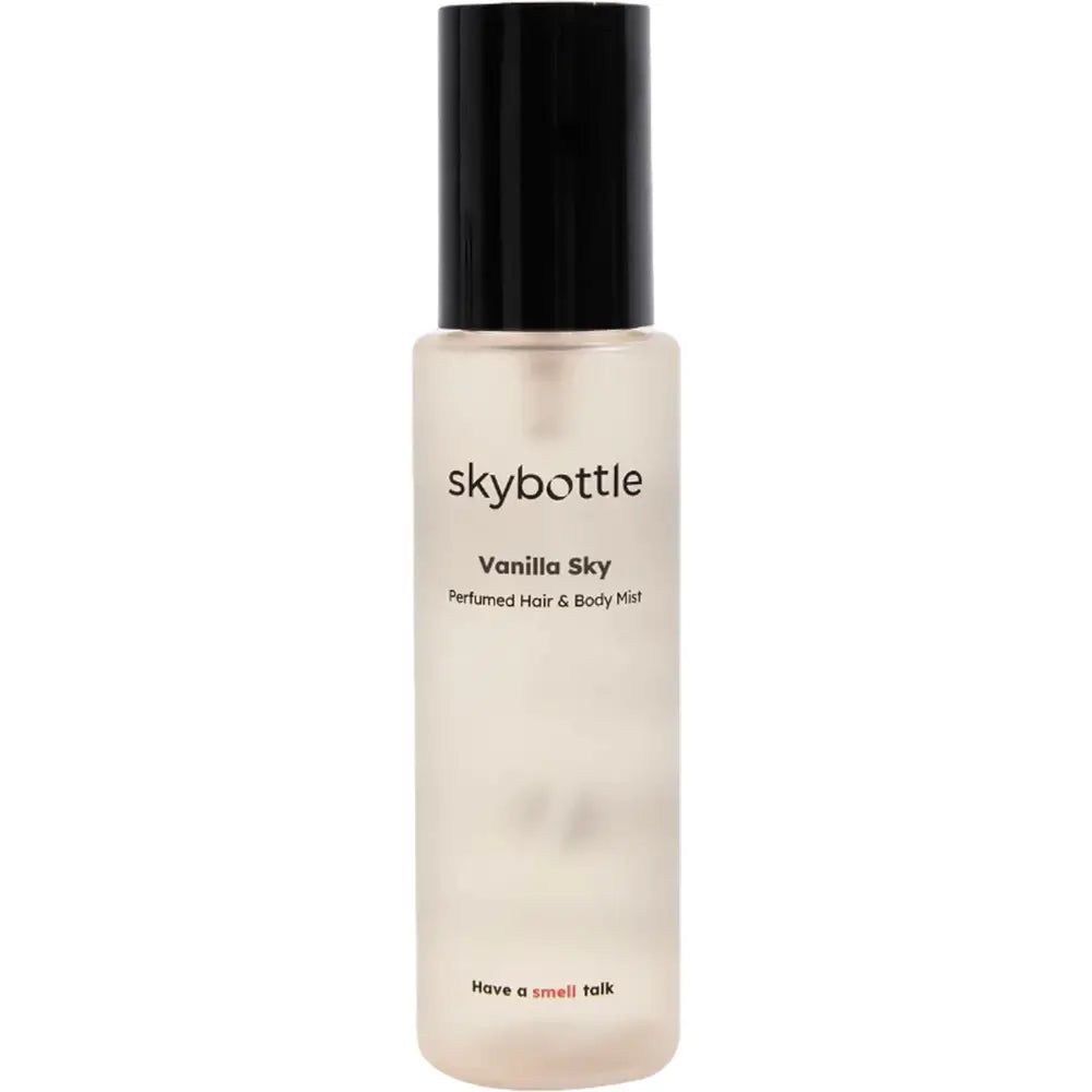 SKYBOTTLE Vanilla Sky, parfum voor haar & lichaam. Cilindrische fles met zwarte verstuiver. Opschrift: Have a small talk.