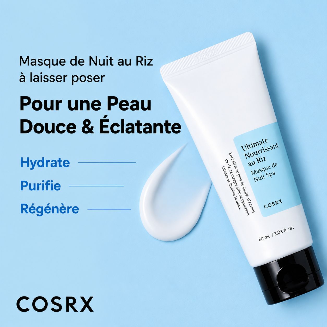 Masque de nuit COSRX au riz pour peau douce et éclatante. Hydrate, purifie, régénère.