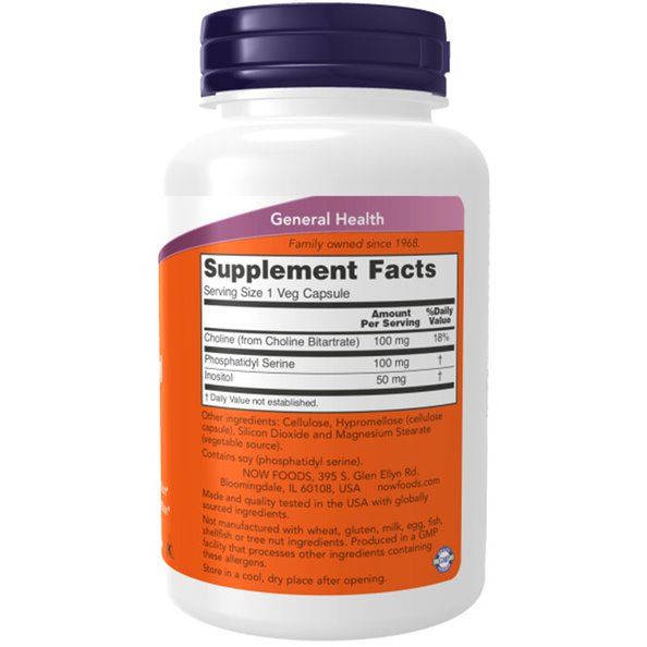 Dos du flacon. Étiquette orange avec "Supplement Facts". Contient choline, inositol et phosphatidylsérine. Flacon blanc.