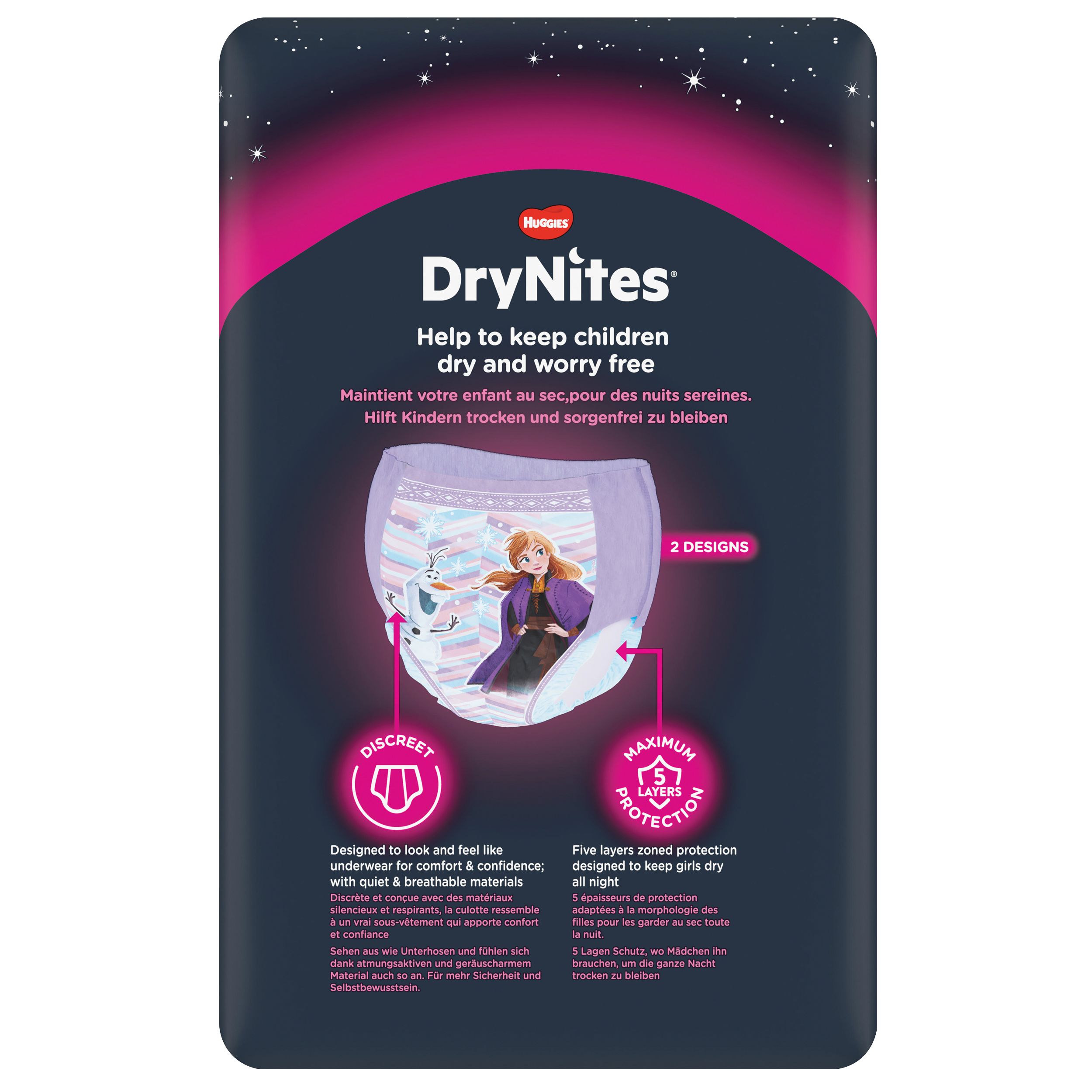 Huggies DryNites broekjes verpakking. Achterkant met productinformatie. 2 designs. 5-laags bescherming. Voor meisjes. Discreet en ademend.