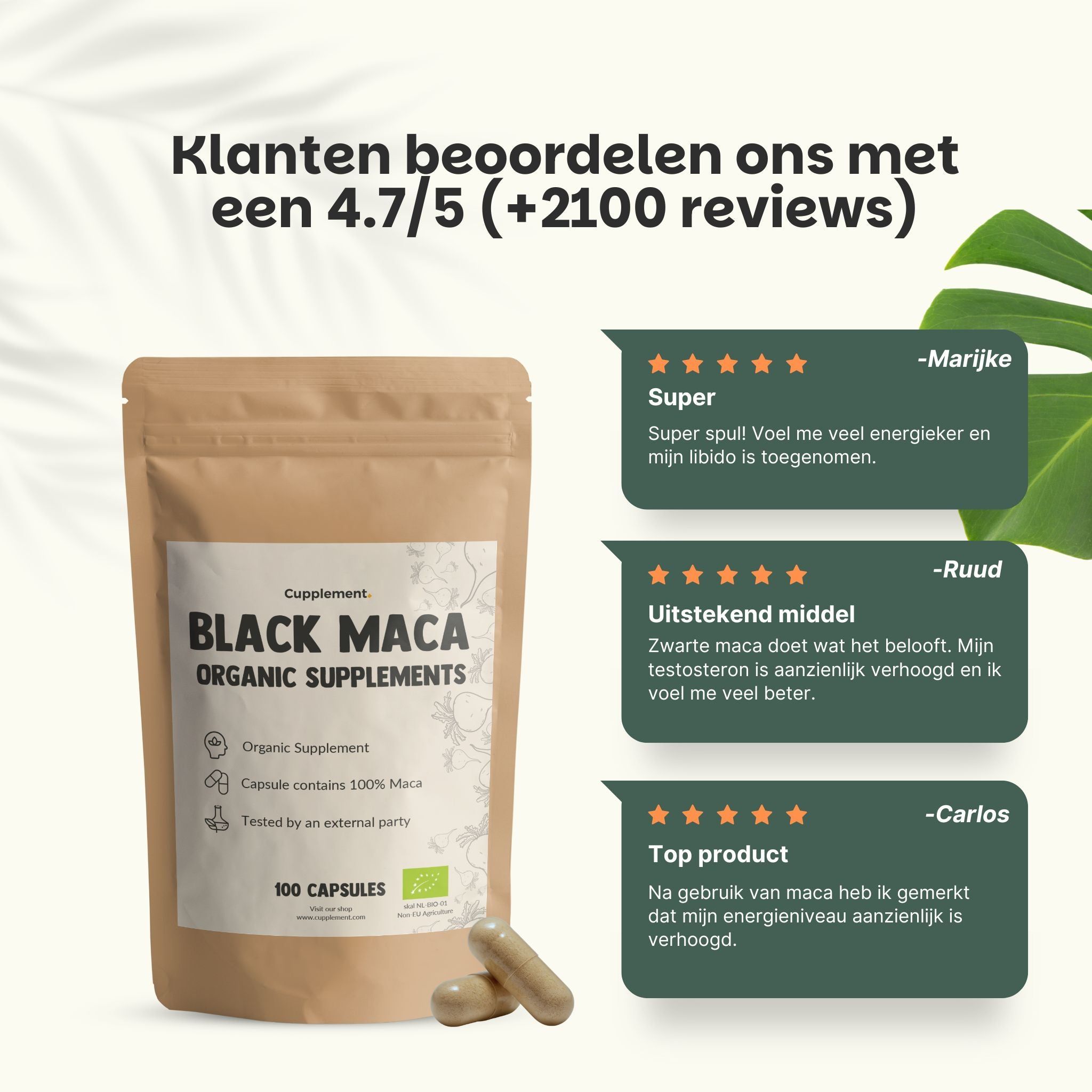Zakje met capsules. Opschrift: Black Maca Organic Supplements. 100 capsules. Twee capsules ernaast. Tekst op groene achtergrond.