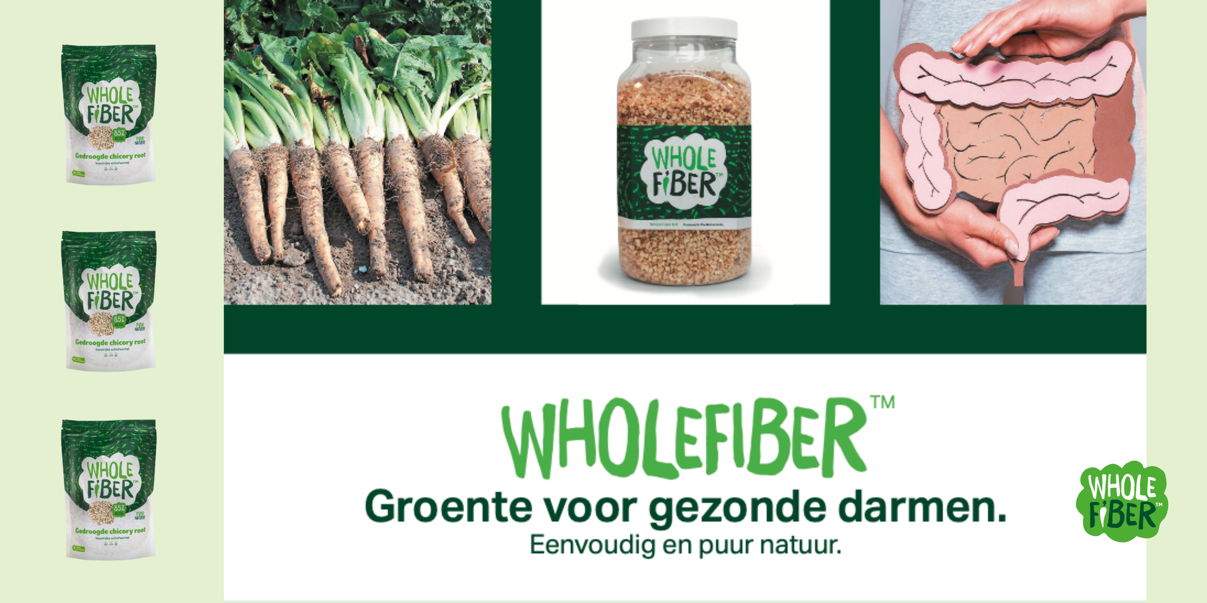 Verschillende afbeeldingen: cichoreiwortels, WholeFiber zakje, pot en een gerecht. Tekst: "Groente voor gezonde darmen."