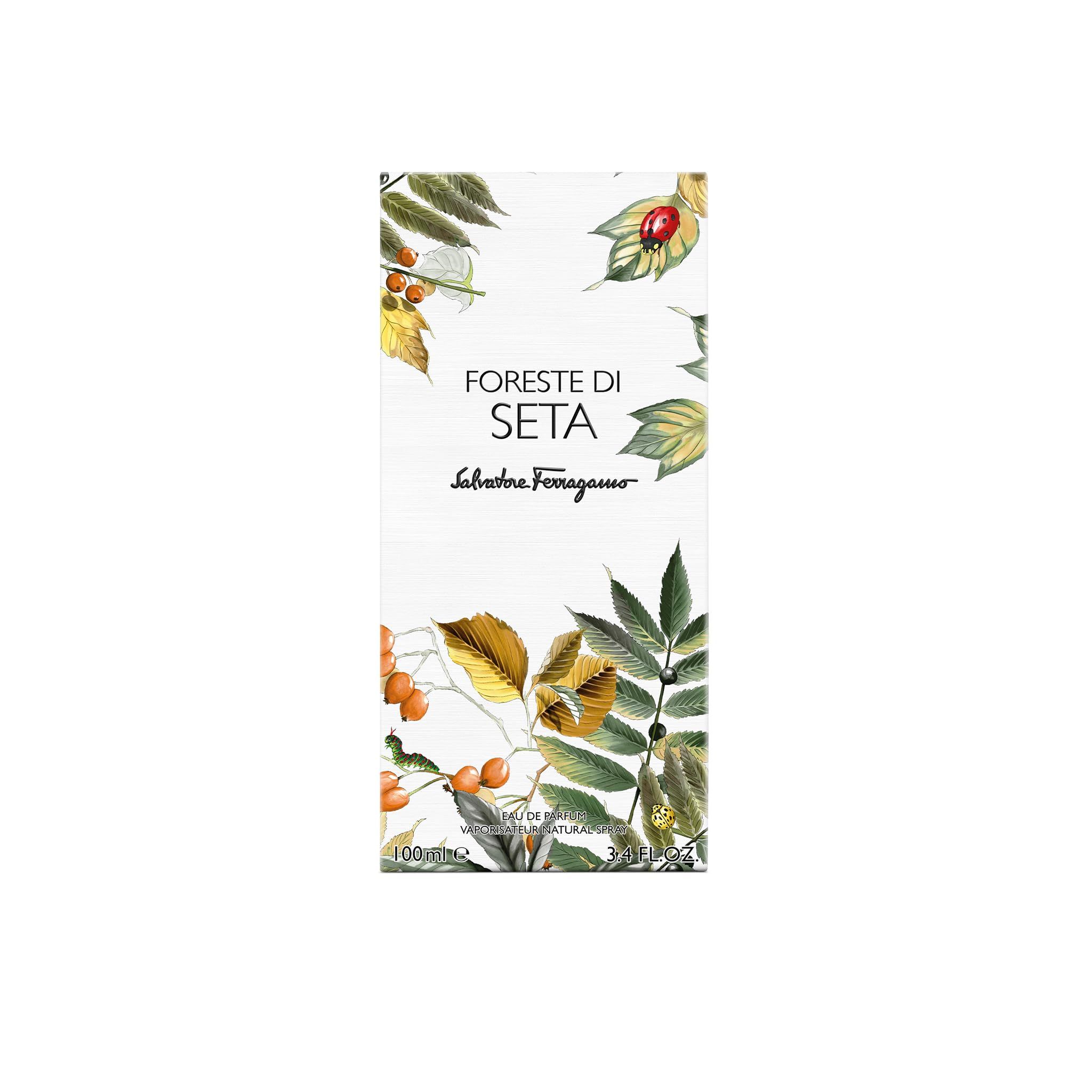 Emballage avec motif floral. Inscription : Foreste di Seta, Salvatore Ferragamo. 100 ml.