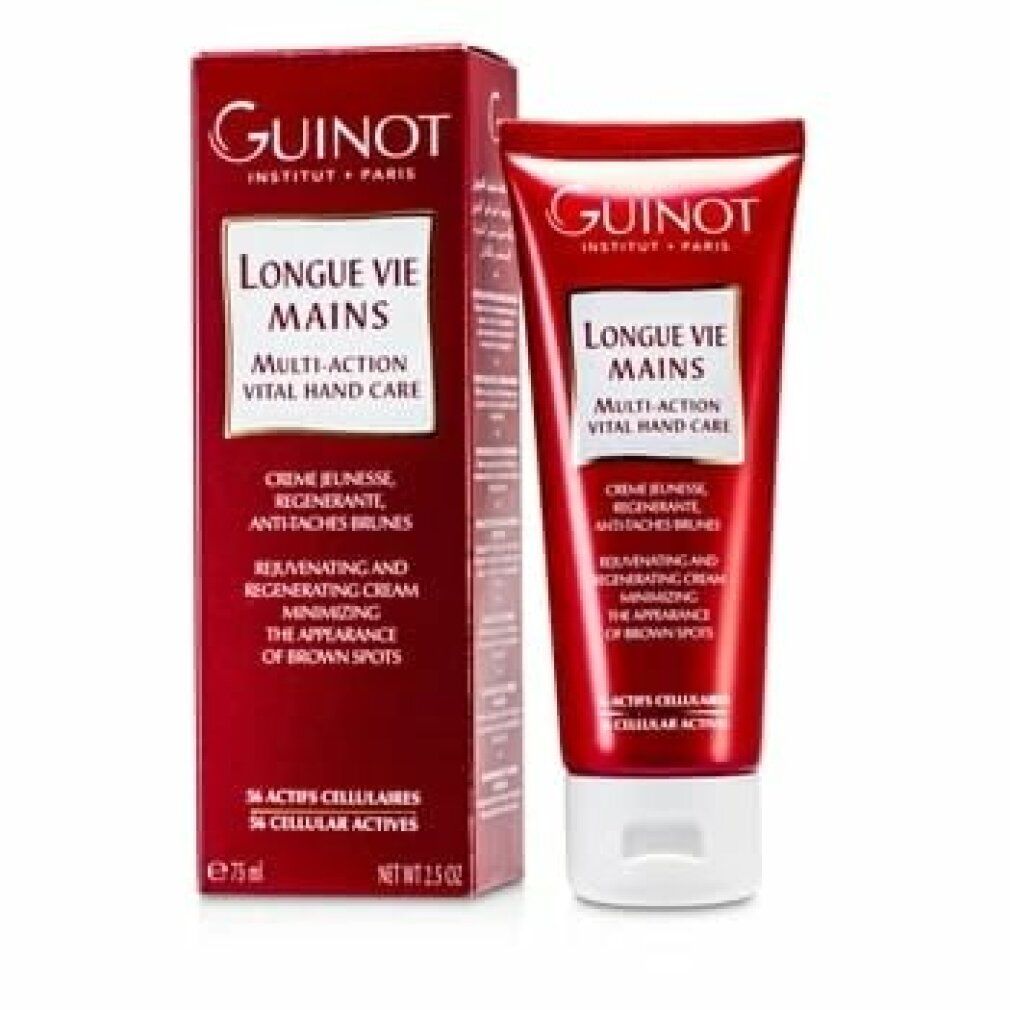 Crème mains Guinot Longue Vie Mains et son emballage. Tube rouge et boîte avec informations produit et 75 ml.