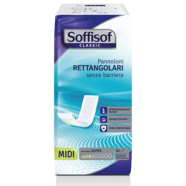 Paquet de couches rectangulaires Soffisof Classic sans barrière. Texte : PANNOLONI RETTANGOLARI senza barriera.