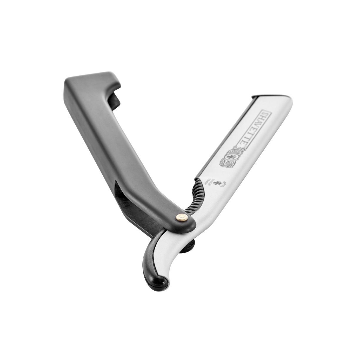 Scheermes, open. Zwart handvat, zilveren mes met opschrift SHAVETTE. Metaal.