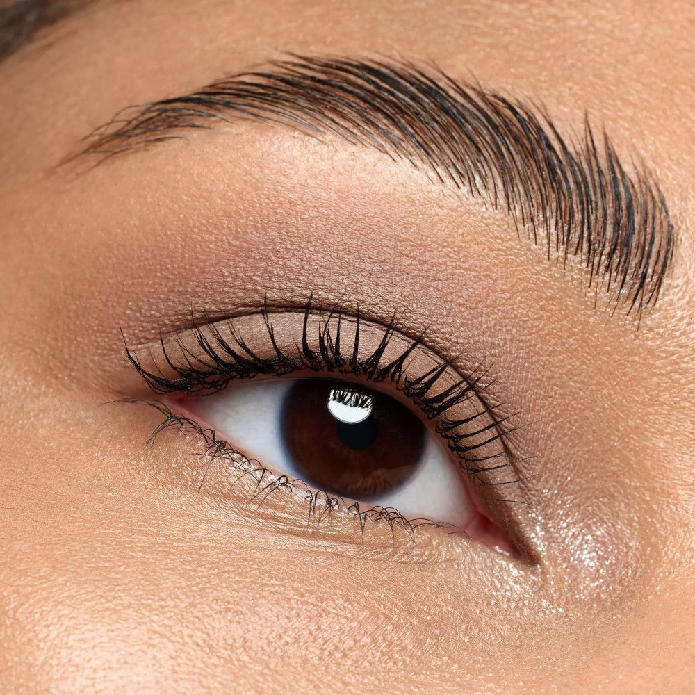 Gros plan d'un œil maquillé. Peau bronzée, sourcils et cils foncés. Fard à paupières.