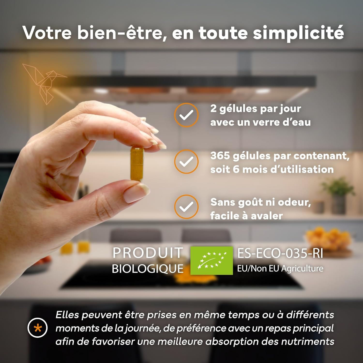 Une main tient une capsule jaune. Des informations sur le dosage et le contenu sont affichées à côté.