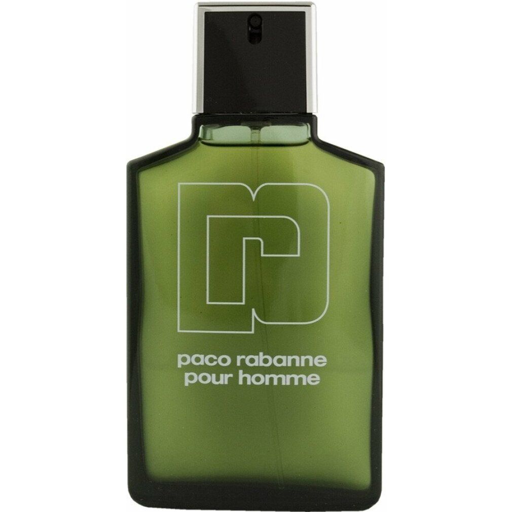 Flacon vert avec bouchon noir, logo et texte blancs. Le flacon porte l'inscription "paco rabanne pour homme".