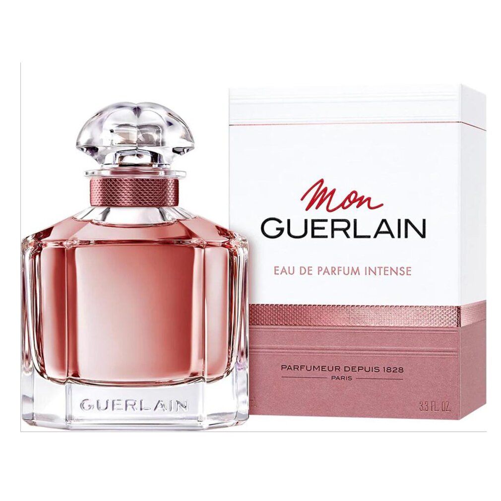 Guerlain Mon Guerlain Intense Edp fles en verpakking. Roze vloeistof, transparante fles, witte doos met logo.