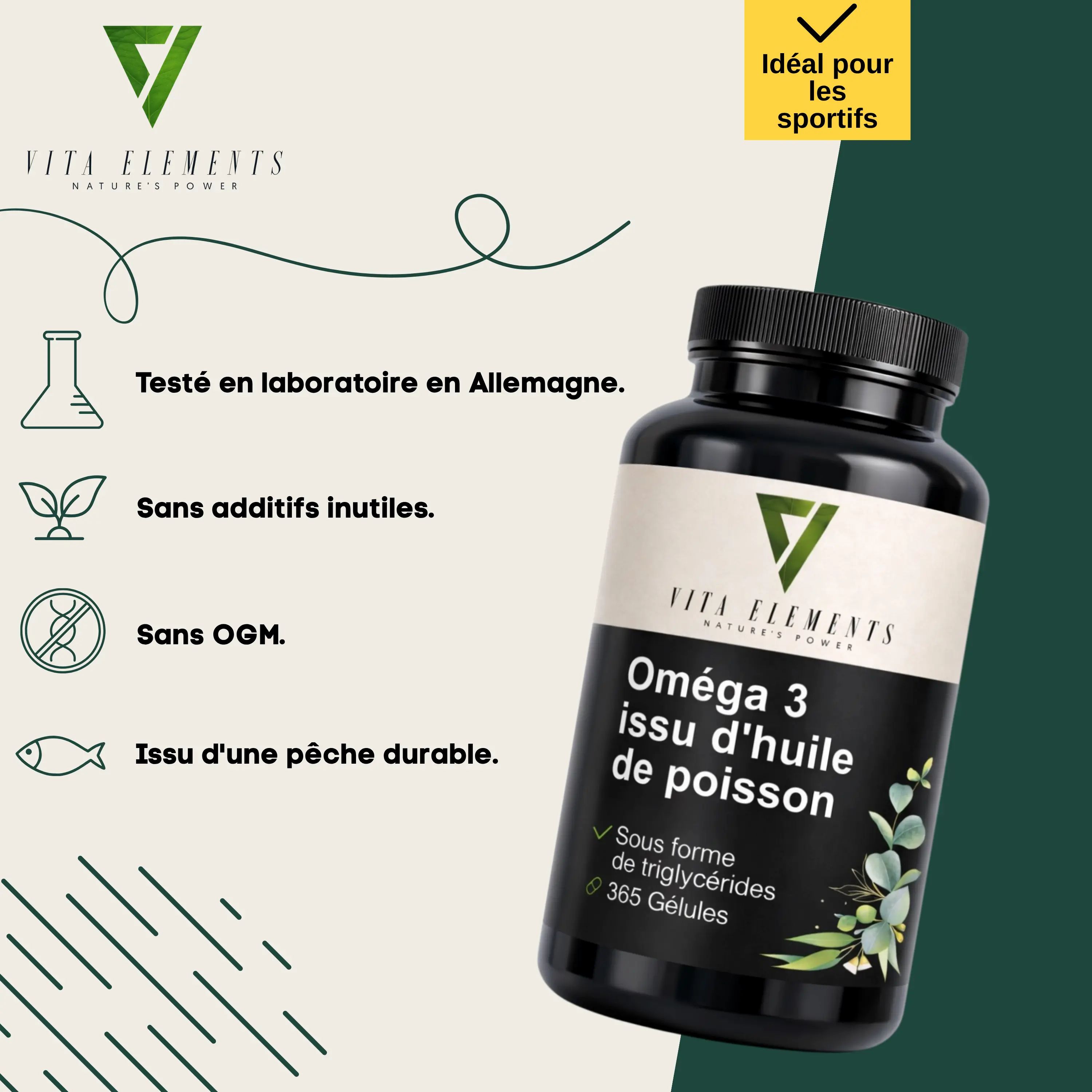 Bouteille d'oméga-3. "Testé en laboratoire", "Sans additifs", "Sans OGM", "Pêche durable".