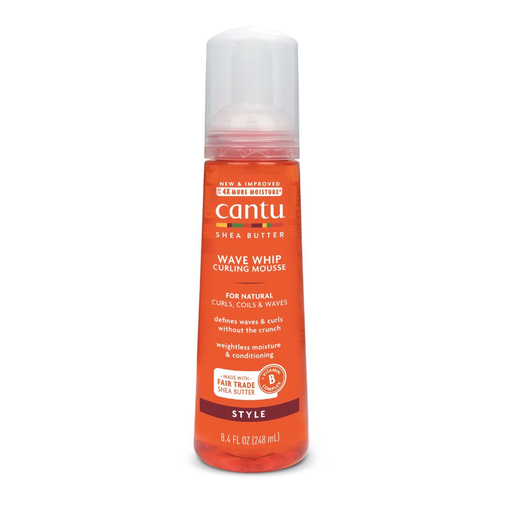 Oranje fles Cantu Wave Whip Curling Mousse met witte pompdos.