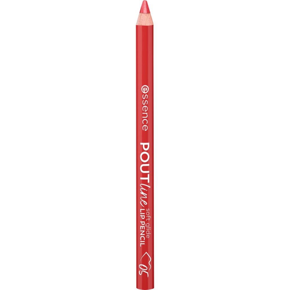 Rode lipliner. Opschrift: Essence Poutline Soft Glide Lip Pencil. Kleurnummer 05.