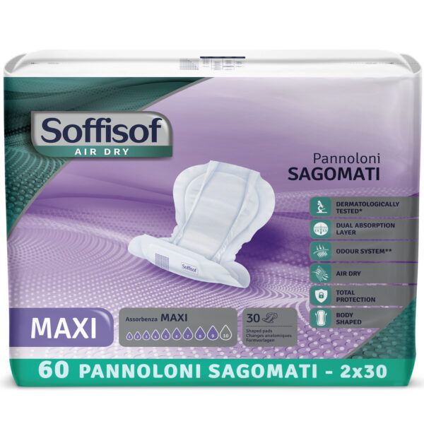 Verpakking Soffisof Maxi Anatomische Incontinentie bescherming. 60 stuks, 2x30. Product en kenmerken zichtbaar.
