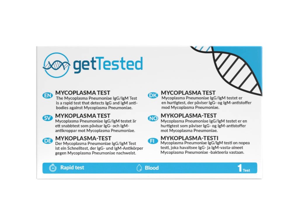 Boîte avec informations sur le produit. Contient du texte en plusieurs langues : Test Mycoplasma, test rapide, sang, 1 test.