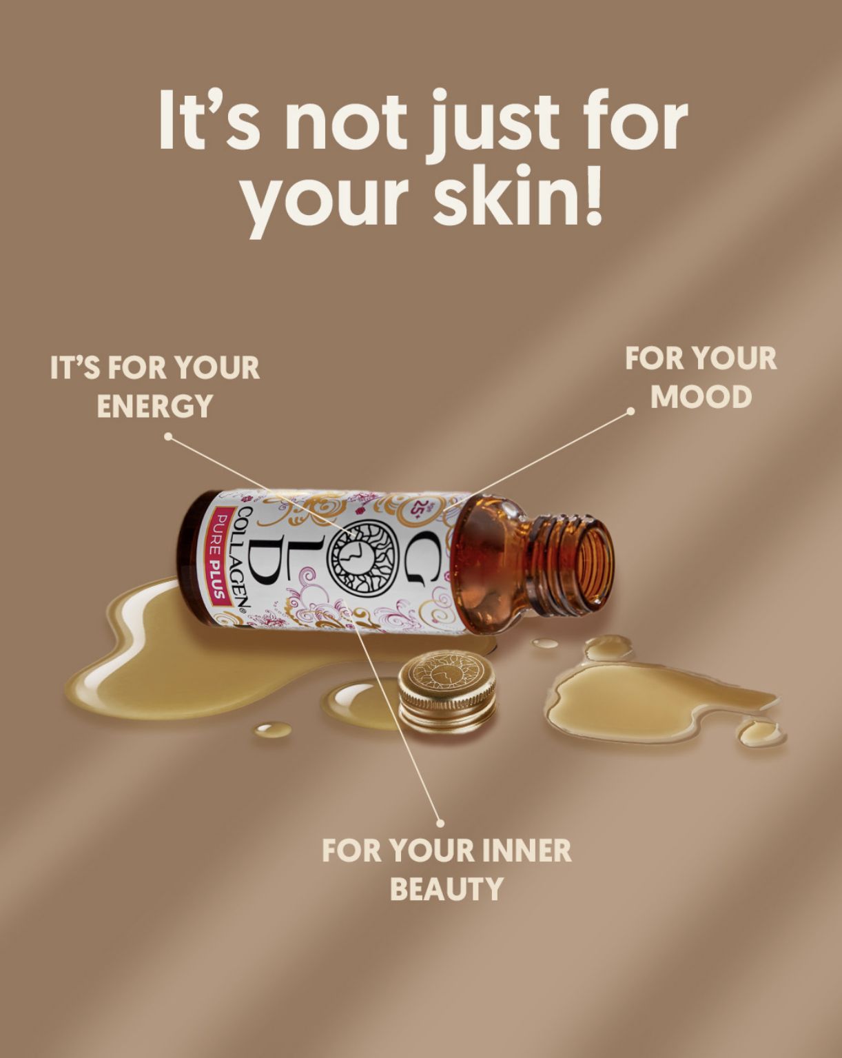 Flacon Gold Collagen Pure Plus avec indications sur les ingrédients, sans OGM.