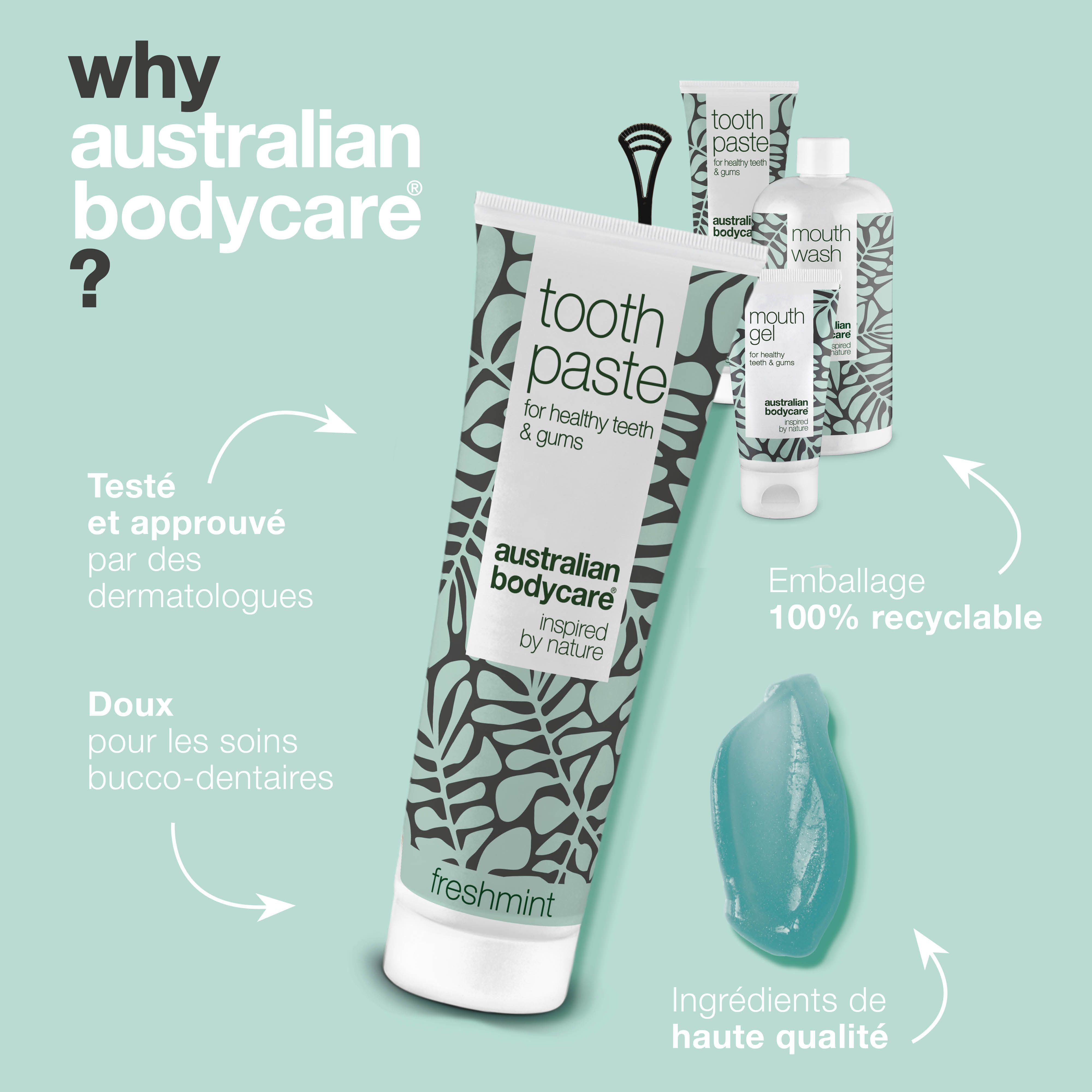 Dentifrice, bain de bouche et gel buccal. Dentifrice avec gel bleu. Produits Australian Bodycare.
