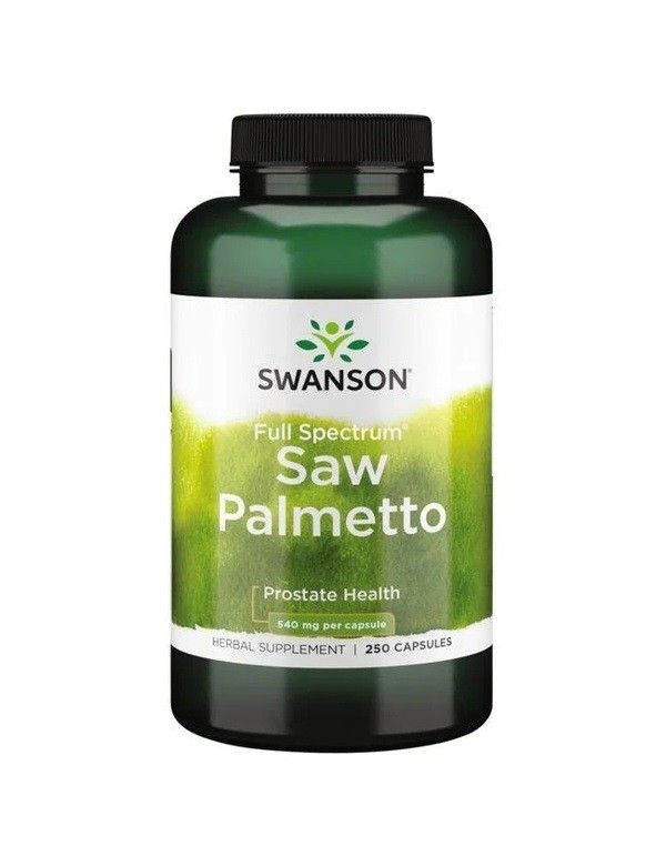 Flacon vert avec étiquette blanche. Inscription: SWANSON, Saw Palmetto, Prostate Health, 250 capsules.