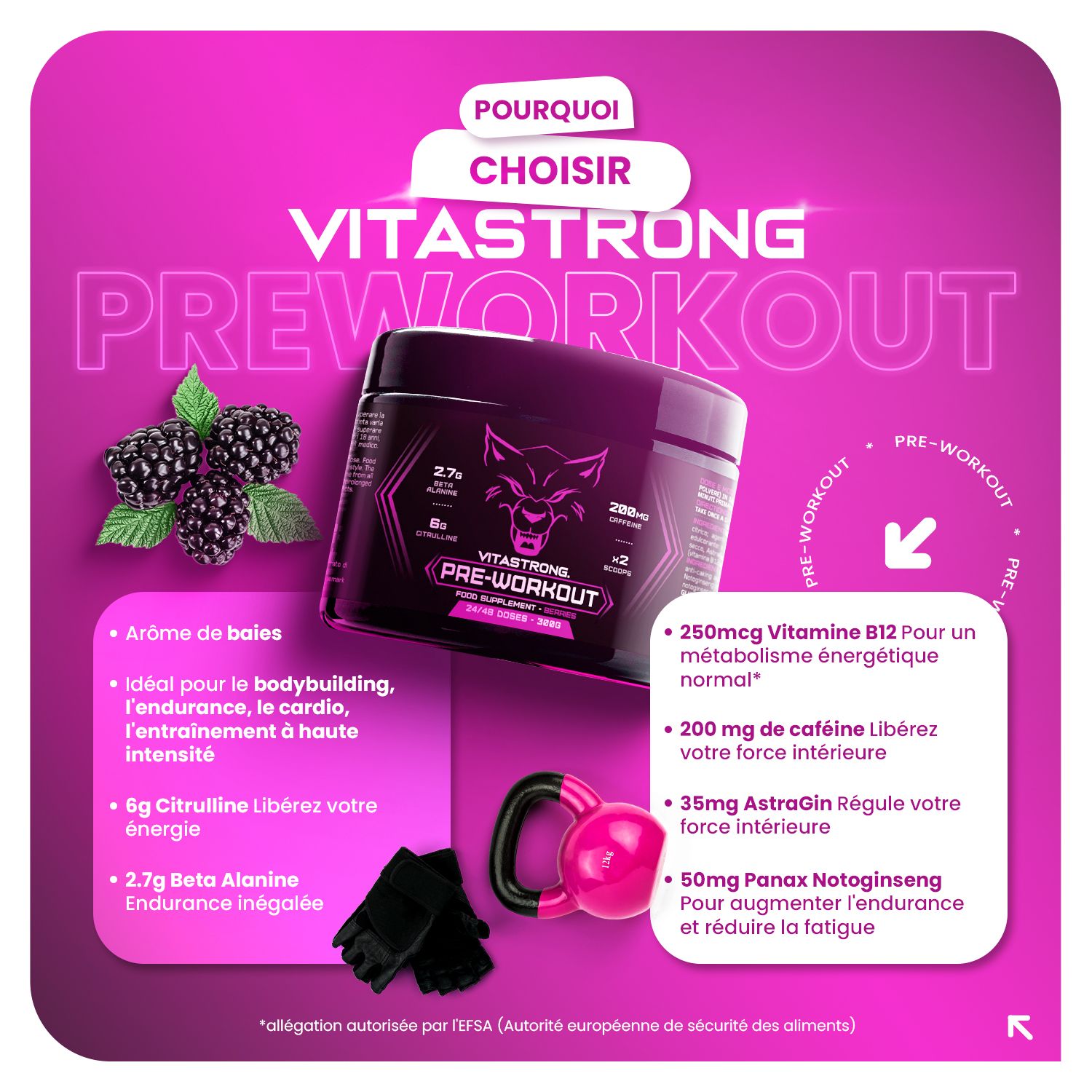 Pot en bramen. Opschrift: Vitastrong Pre-Workout. Roze achtergrond. Accessoires.