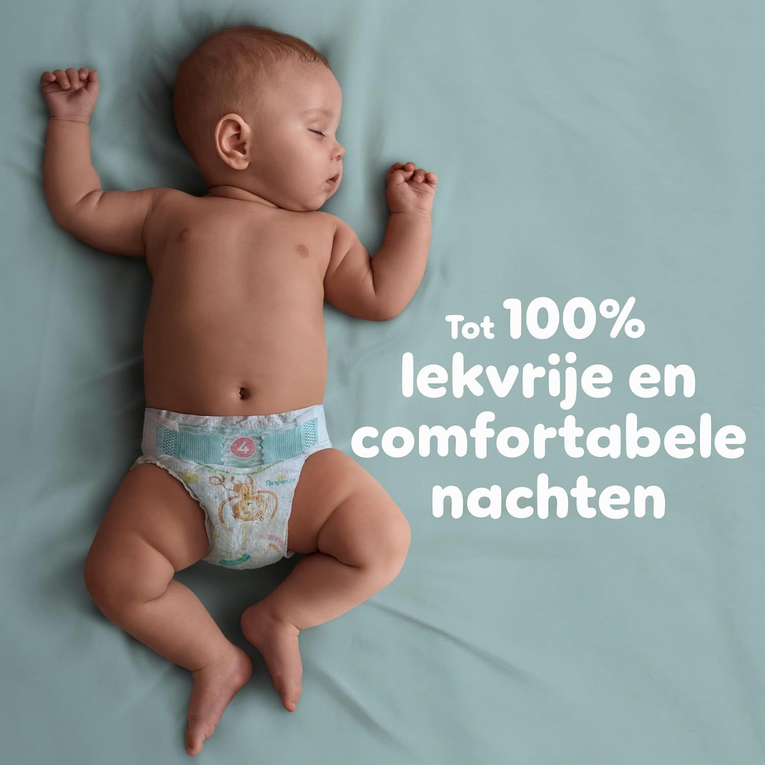 Baby slaapt, draagt Pampers Baby-Dry luier. "Tot 100% lekvrije en comfortabele nachten".