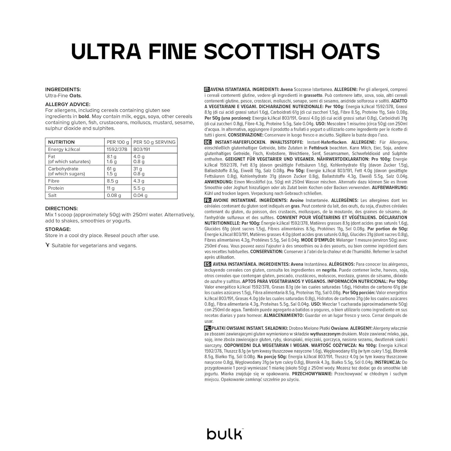 Tekstpagina met informatie over "Ultra Fine Scottish Oats". Bevat voedingswaarden, ingrediëntenlijst en instructies.