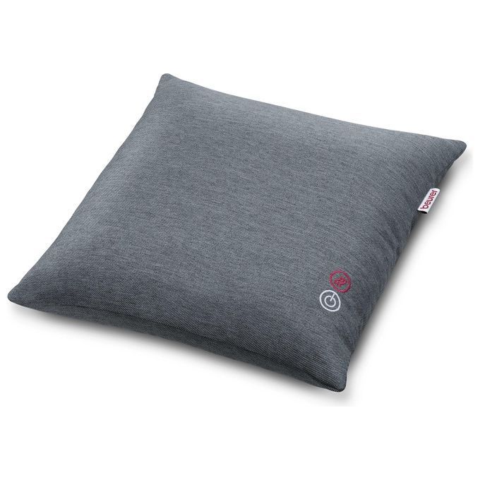 Coussin de massage Shiatsu gris. Forme carrée, en tissu. Logo et symbole sur la surface. Marque Beurer.