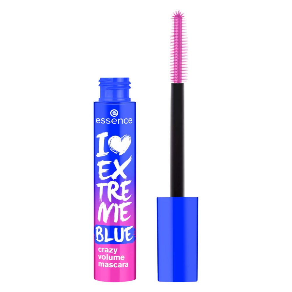 Brosse de mascara bleue avec poils roses. Tube de mascara bleu avec texte blanc. Nom du produit: I Love Extreme Blaues Volumen Wahnsinn Mascara.
