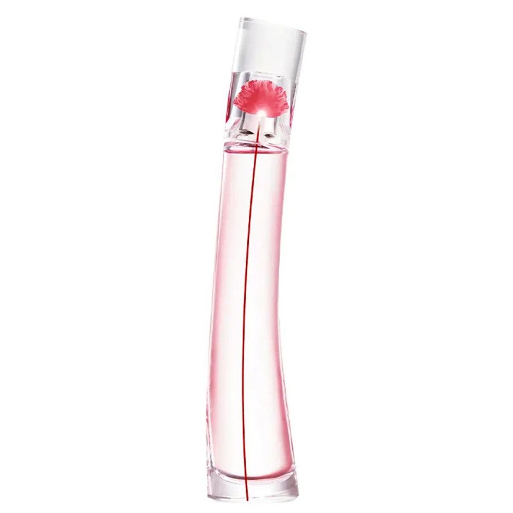 Flacon de parfum avec fleur rouge. Liquide rose dans le flacon. Vue oblique.