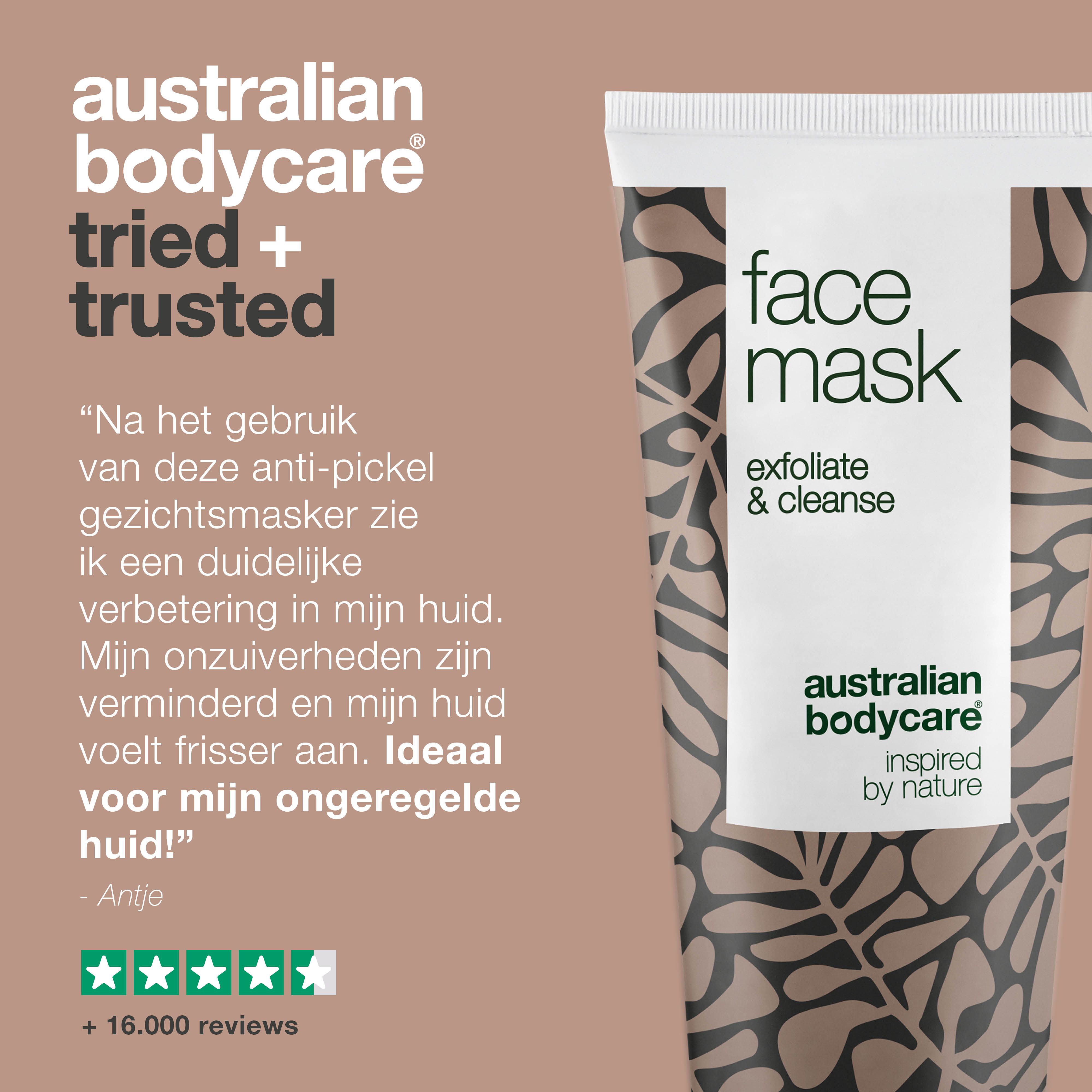 Gezichtsmasker tube, tekst: Face Mask, exfoliate & cleanse, Australian Bodycare. Tekst: +16.000 beoordelingen, 5 sterren.