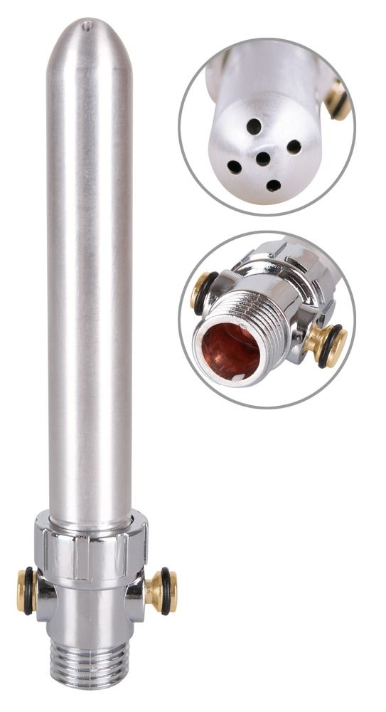 Douche intime en aluminium. Corps cylindrique avec plusieurs buses. Raccords chromés avec détails en laiton.