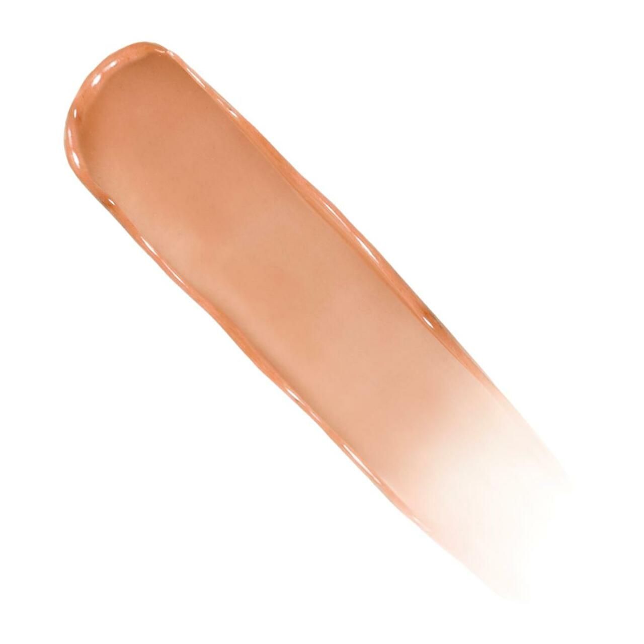 Uitstrijkmonster van lipproduct. Kleur: lichtbruin. Textuur: glanzend, transparant.