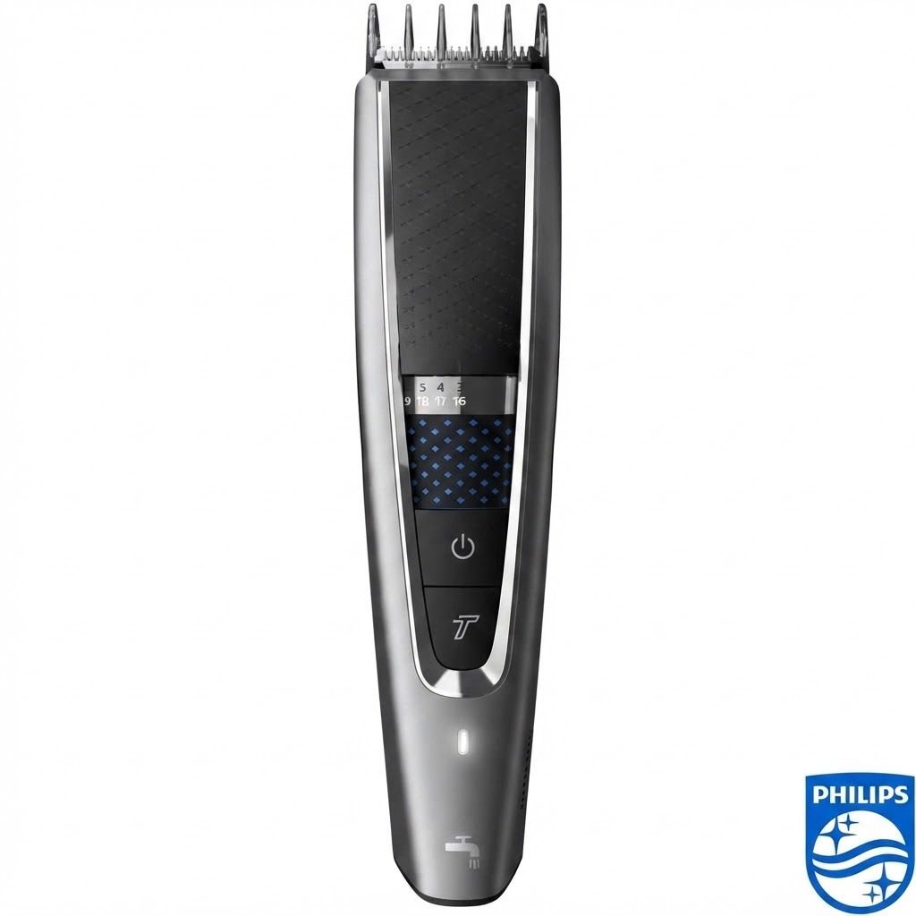 Tondeuse à cheveux Philips Series 5000, gros plan sur la poignée avec commandes.