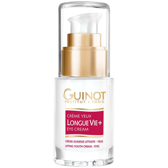 Flacon de crème pour les yeux. Verre blanc, pompe dorée, capuchon transparent. Inscriptions: GUINOT, CRÈME YEUX LONGUE VIE+ EYE CREAM.