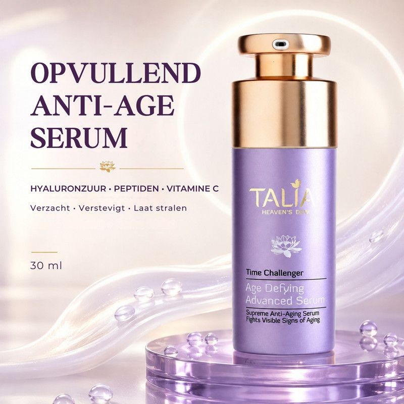 Paarse pompfles van 30 ml met gouden dop. Talia Age Defying Advanced Serum.