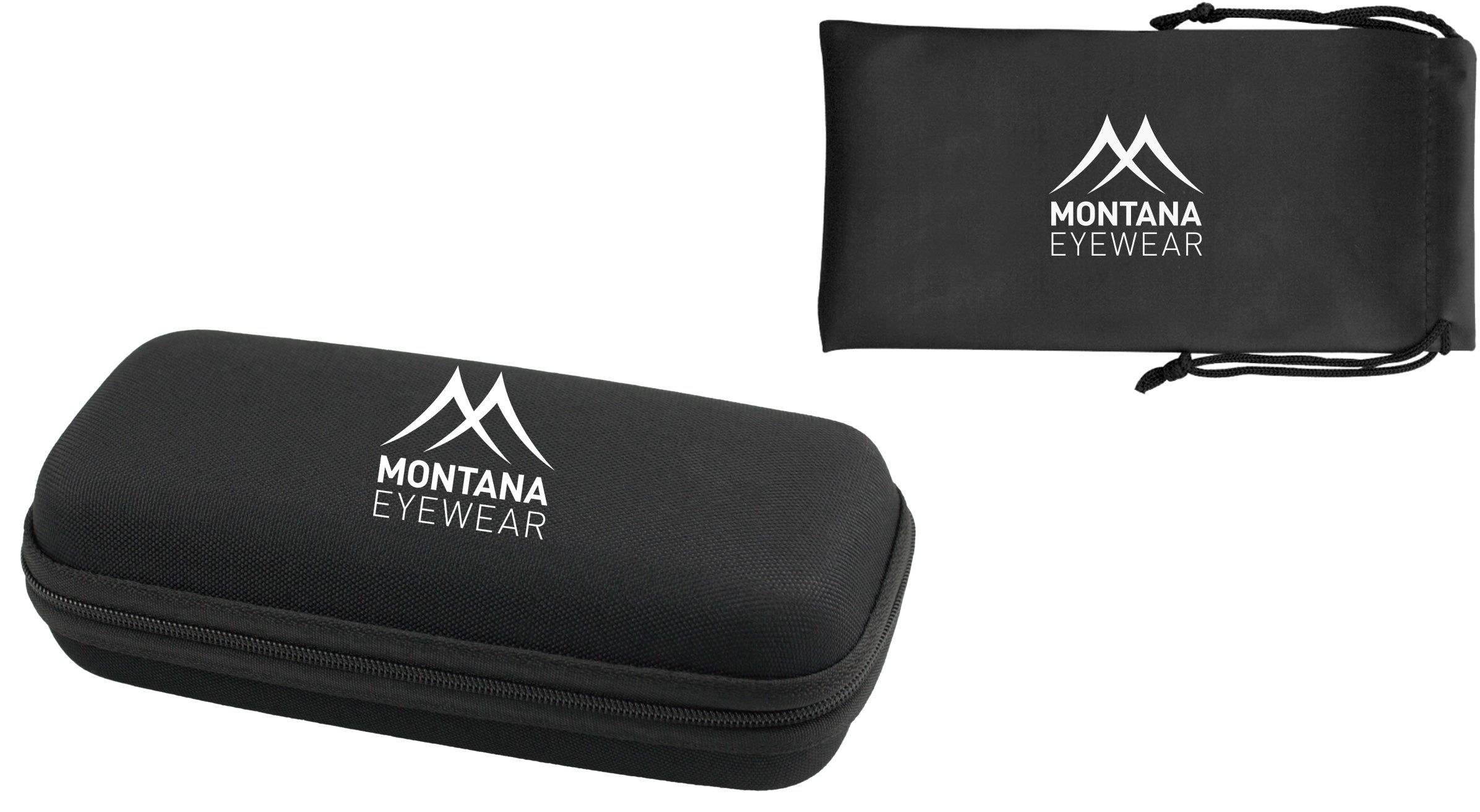 Étui et pochette noirs pour lunettes avec logo Montana Eyewear. Fermeture éclair sur l'étui. Cordon de serrage sur la pochette.