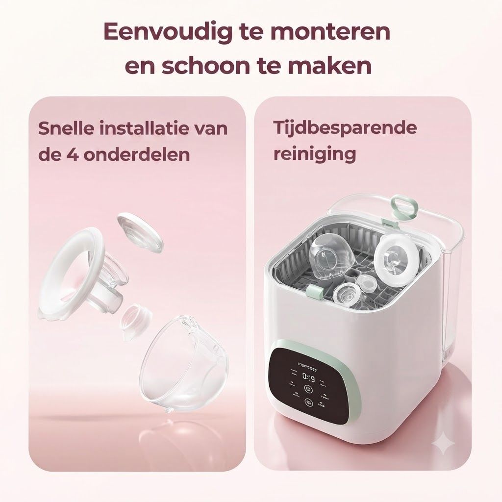 Een witte babyflessensterilisator met transparant deksel en bedieningspaneel. Naast de sterilisator liggen gedemonteerde onderdelen van een flessenset.