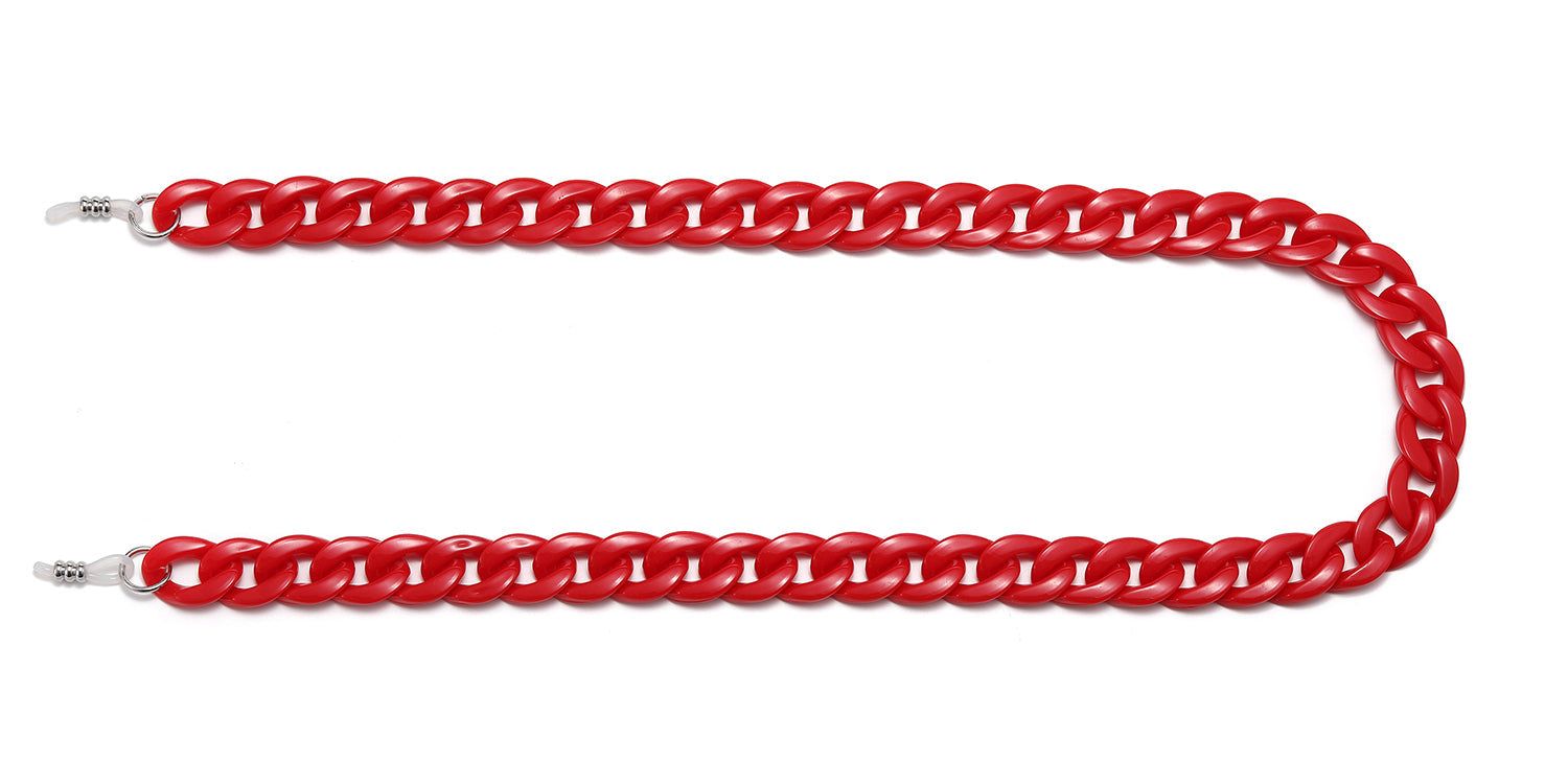 Chaîne de lunettes rouge. Maillons en plastique. Extrémités métalliques pour la fixation aux branches de lunettes. Disposition en forme de U sur fond blanc.