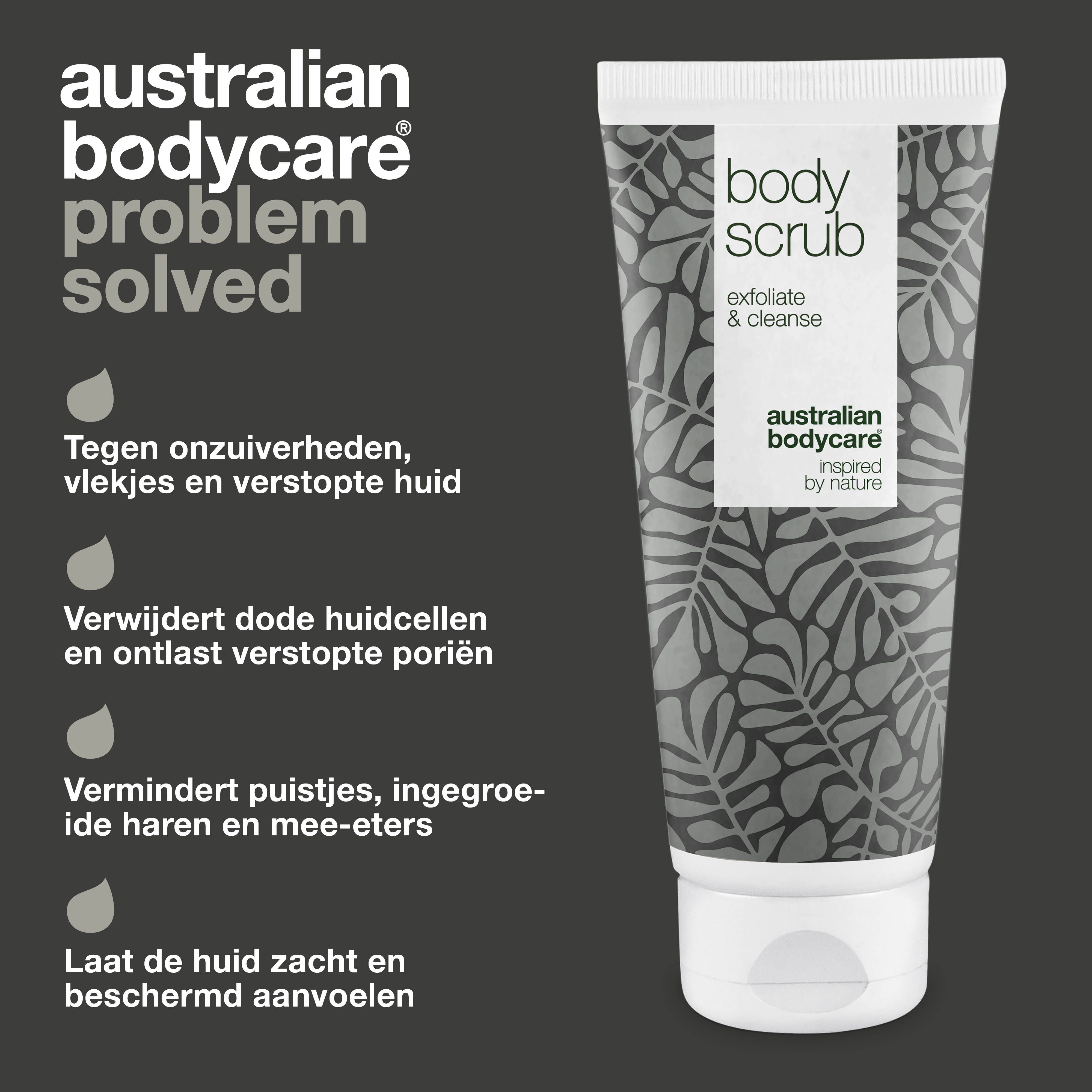 Grafiek: Australian Bodycare, probleem opgelost. Tube body scrub. Reinigt, verzacht, exfolieert, verwijdert dode huidcellen.